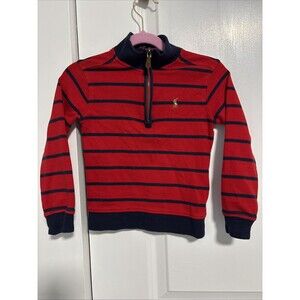 Polo Ralph Lauren Boys’ Red & Navy Striped Cotton Quarter-Zip Pullover – Sz 4/4T